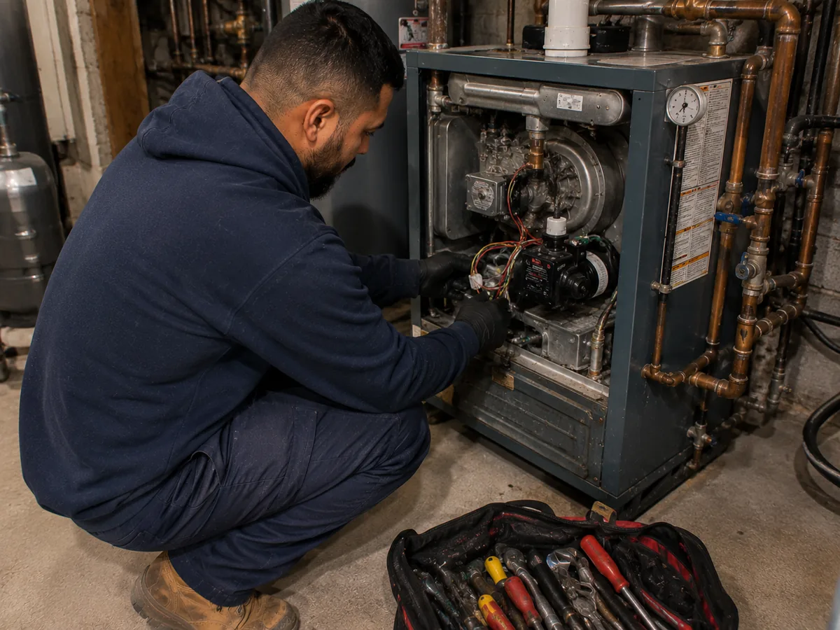 Technician inspecting a boiler in a mechanical room