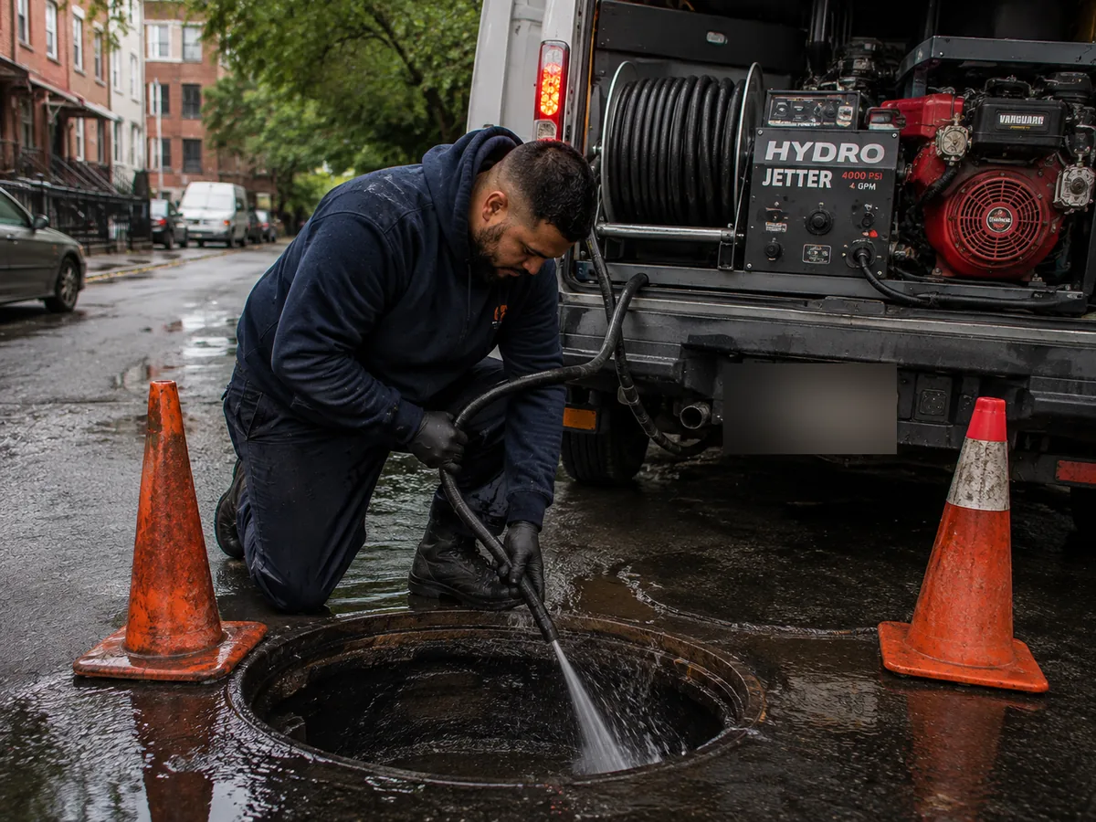 Technician hydro-jetting a sewer line from a service truck