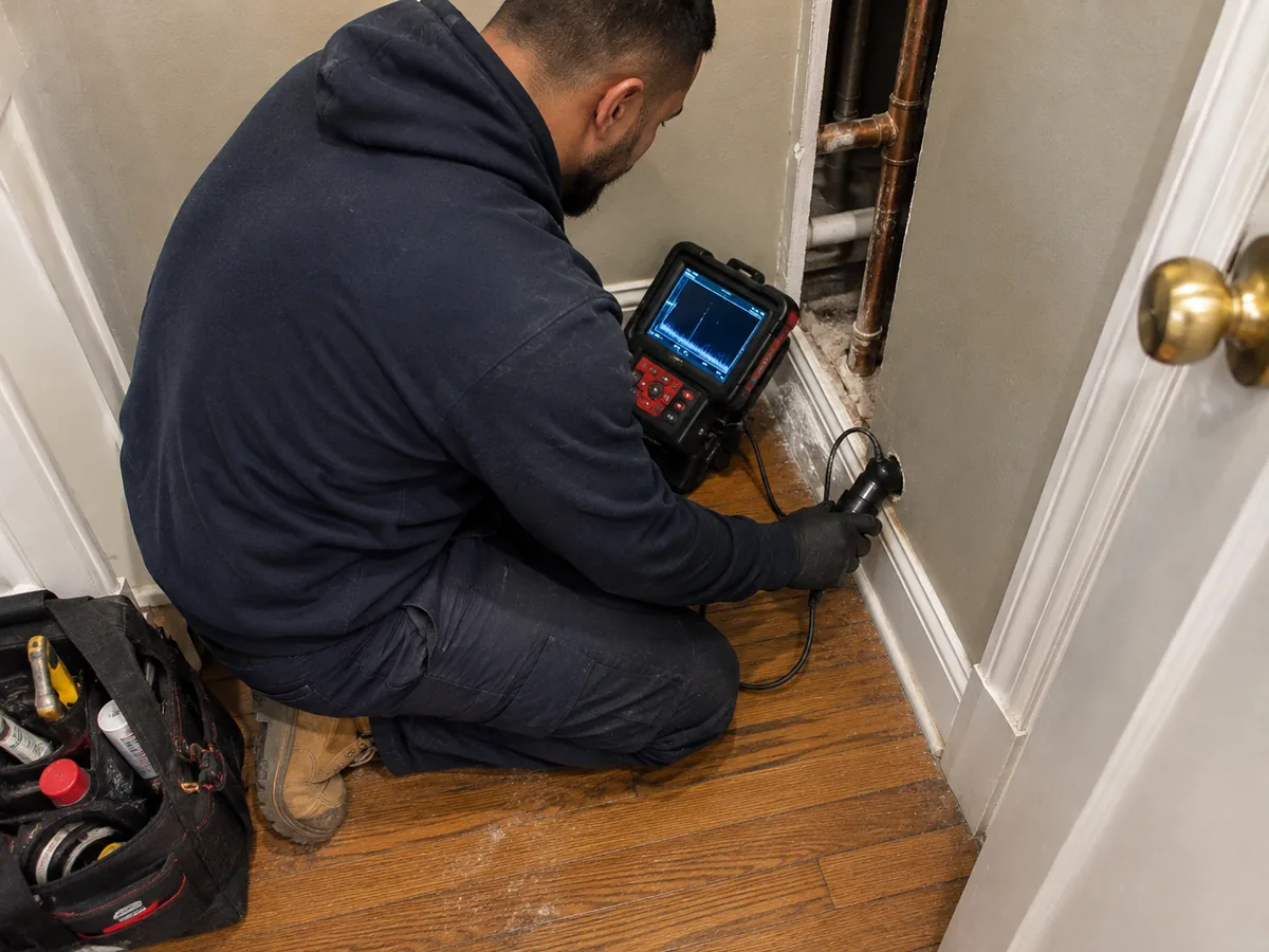Technician using acoustic equipment to locate a hidden leak