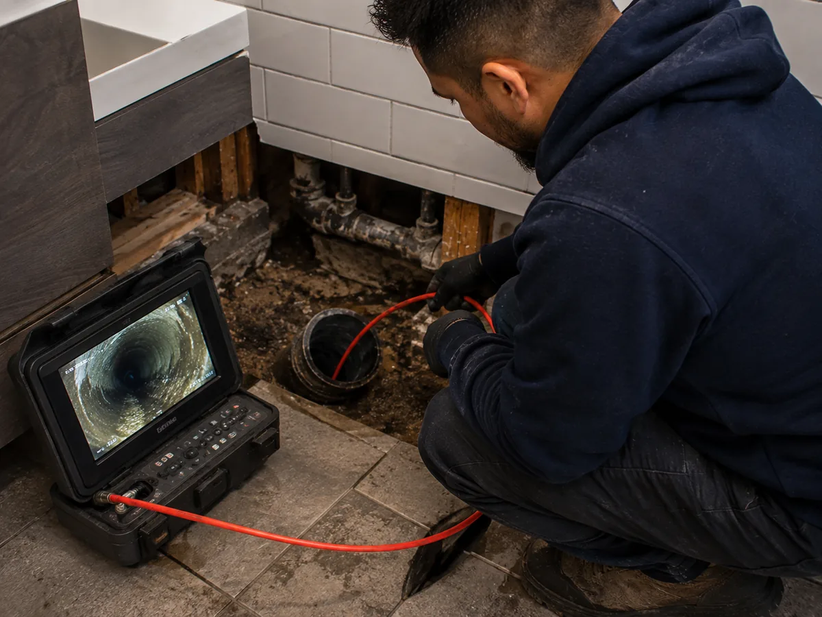 Technician viewing a sewer camera monitor showing pipe interior