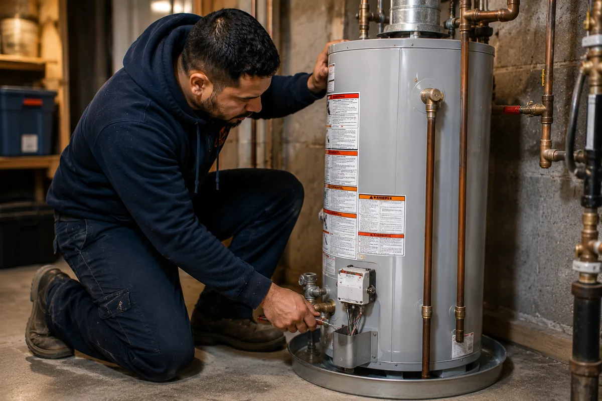 Newly installed tank water heater with organized copper piping