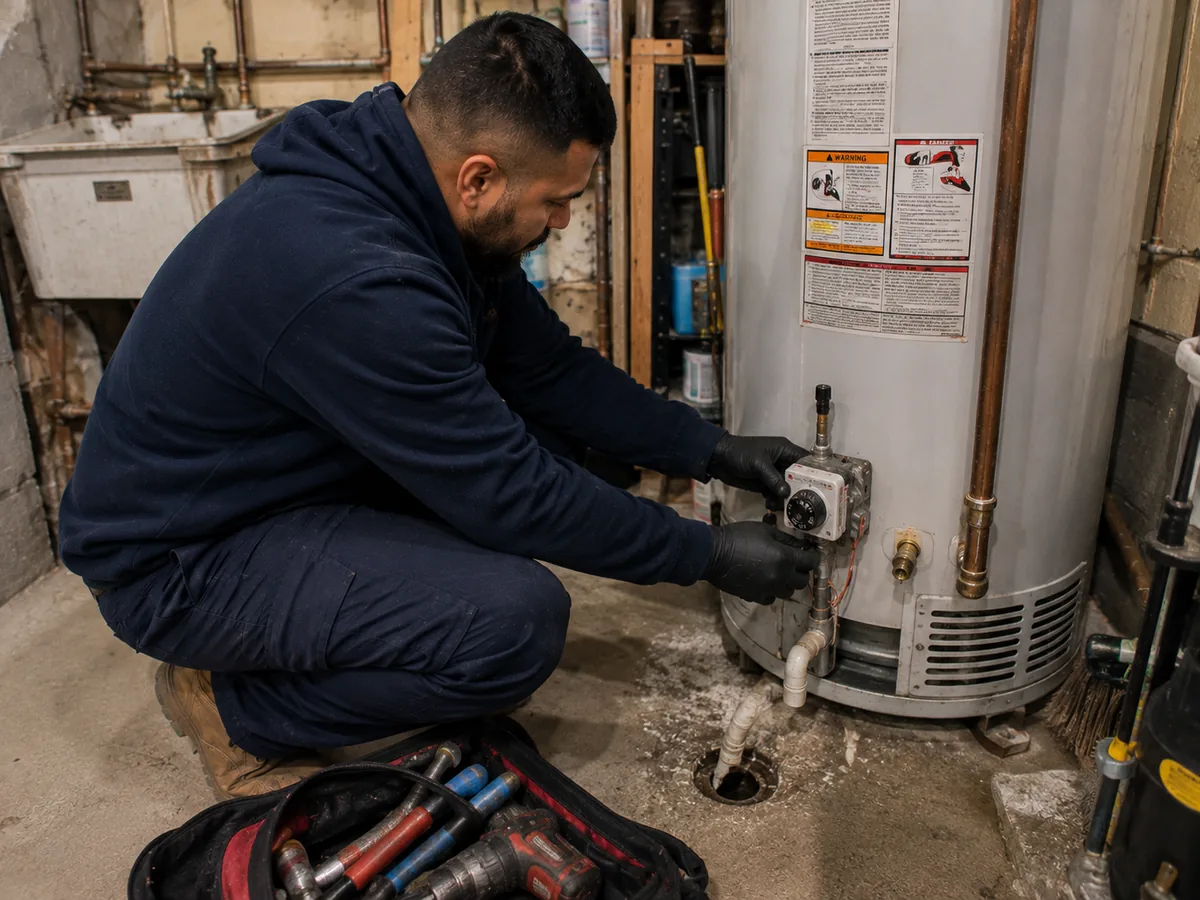 Technician diagnosing a tank water heater